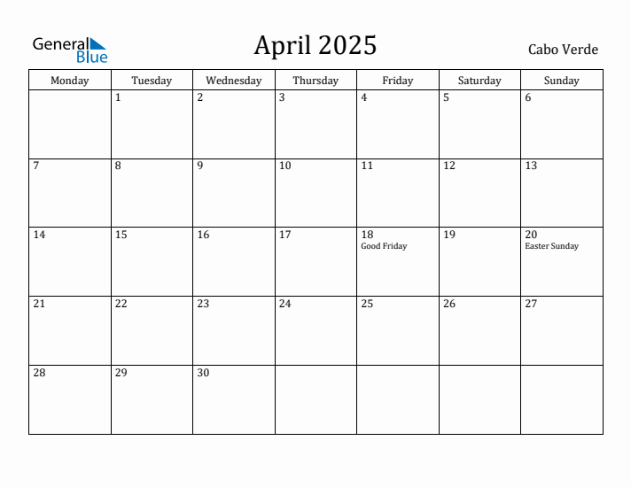 April 2025 Calendar Cabo Verde