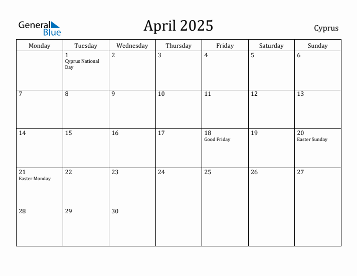 April 2025 Calendar Cyprus