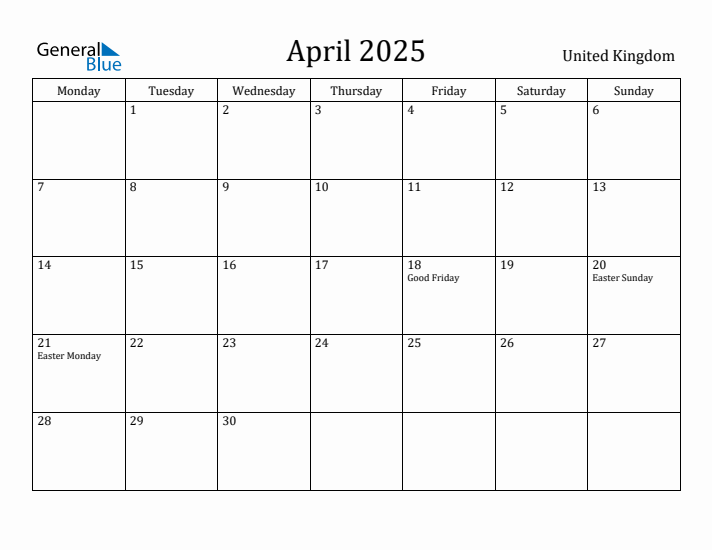 April 2025 Calendar United Kingdom