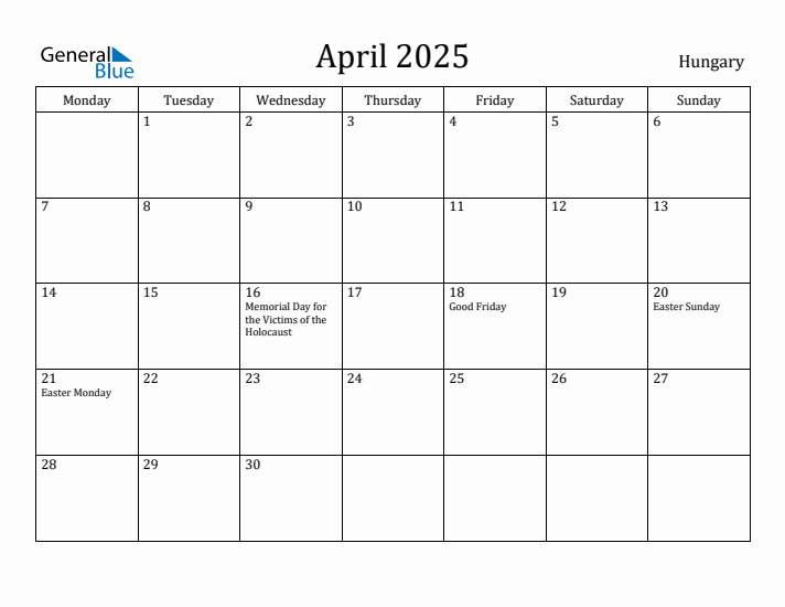 April 2025 Calendar Hungary