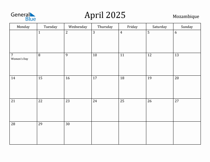 April 2025 Calendar Mozambique