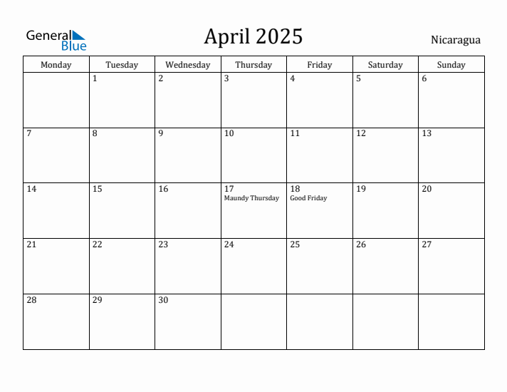 April 2025 Calendar Nicaragua