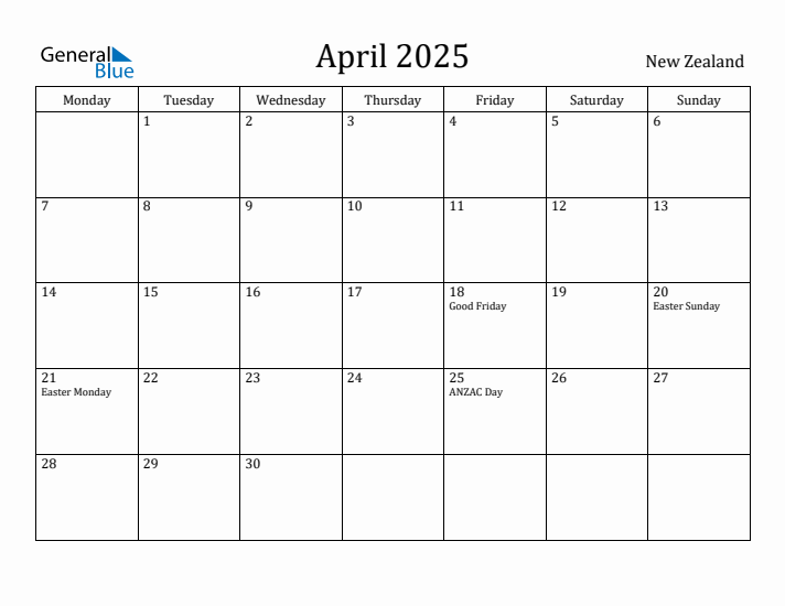 April 2025 Calendar New Zealand