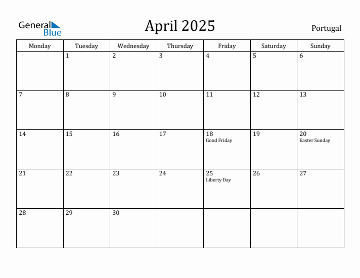 April 2025 Calendar Portugal