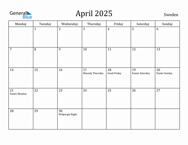 April 2025 Calendar Sweden