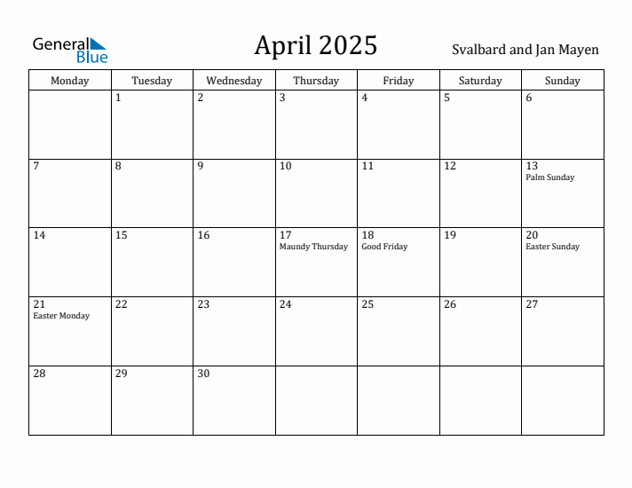 April 2025 Calendar Svalbard and Jan Mayen