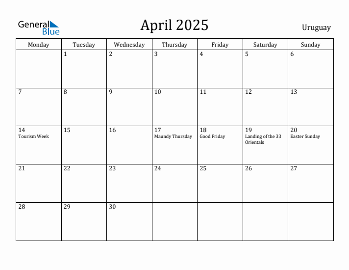 April 2025 Calendar Uruguay