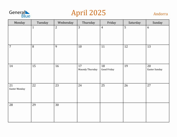 April 2025 Holiday Calendar with Monday Start