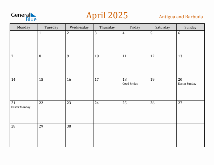 April 2025 Holiday Calendar with Monday Start