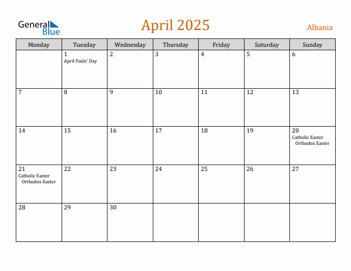 April 2025 Holiday Calendar with Monday Start