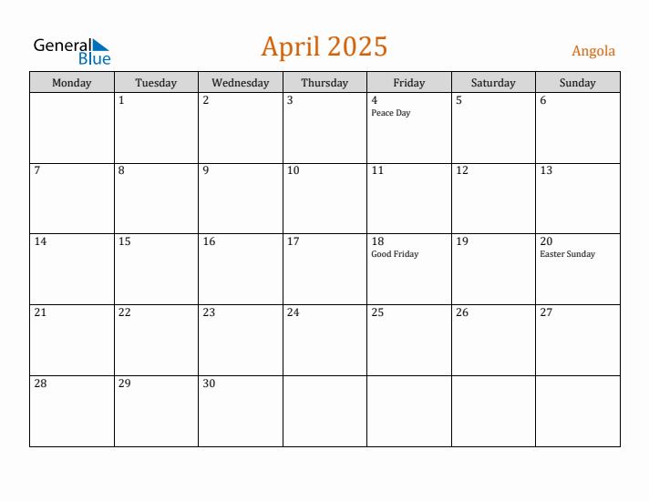 April 2025 Holiday Calendar with Monday Start