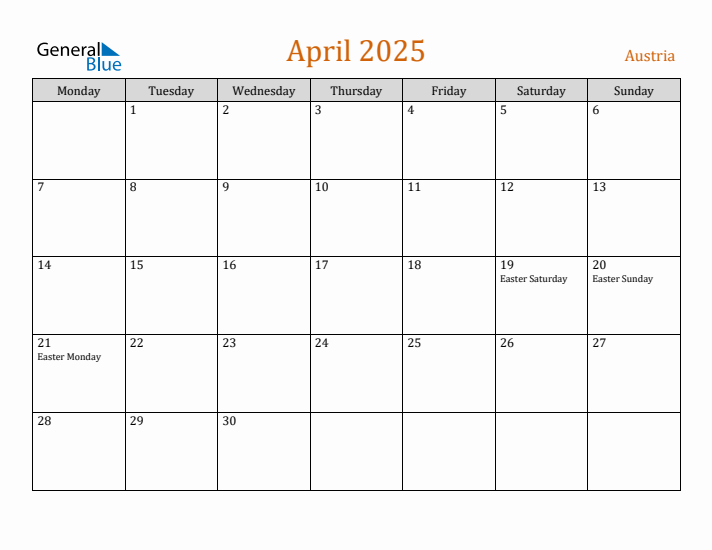 April 2025 Holiday Calendar with Monday Start