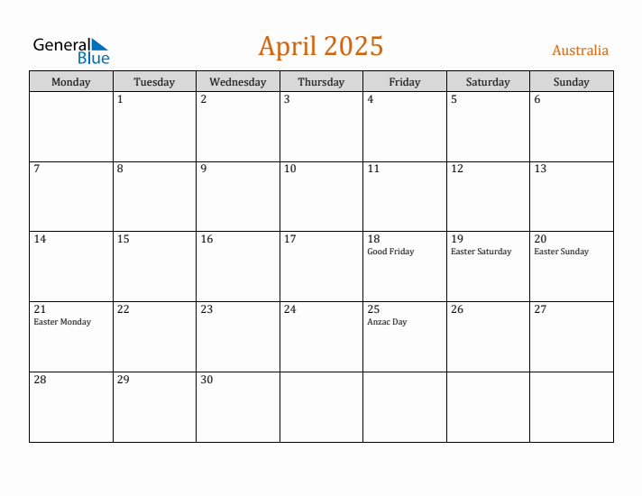 April 2025 Holiday Calendar with Monday Start