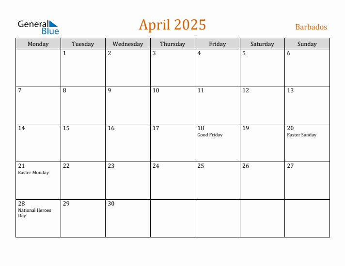 April 2025 Holiday Calendar with Monday Start