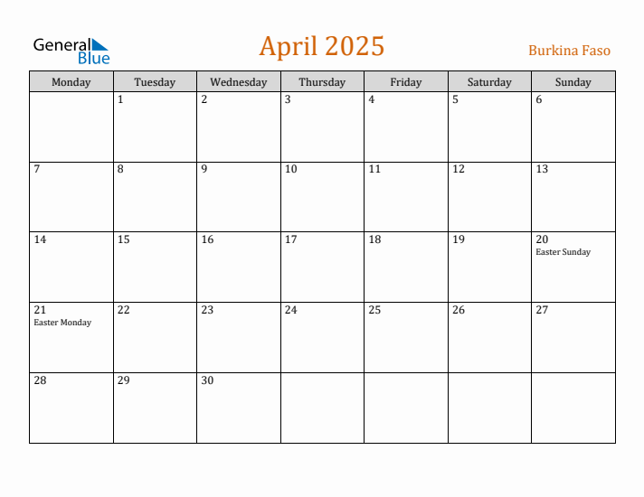 April 2025 Holiday Calendar with Monday Start