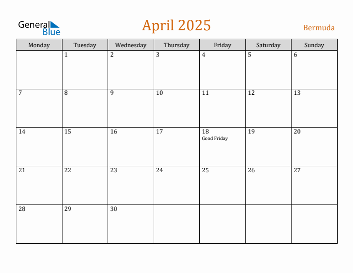 April 2025 Holiday Calendar with Monday Start