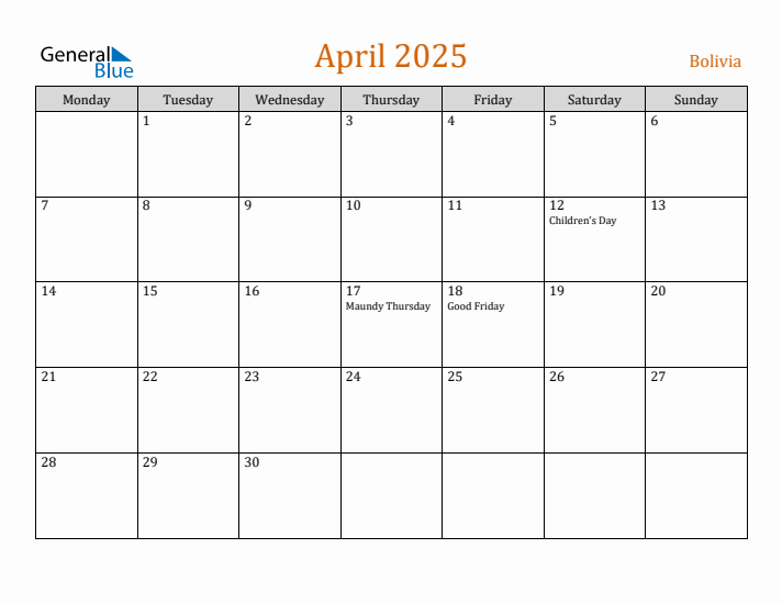 April 2025 Holiday Calendar with Monday Start