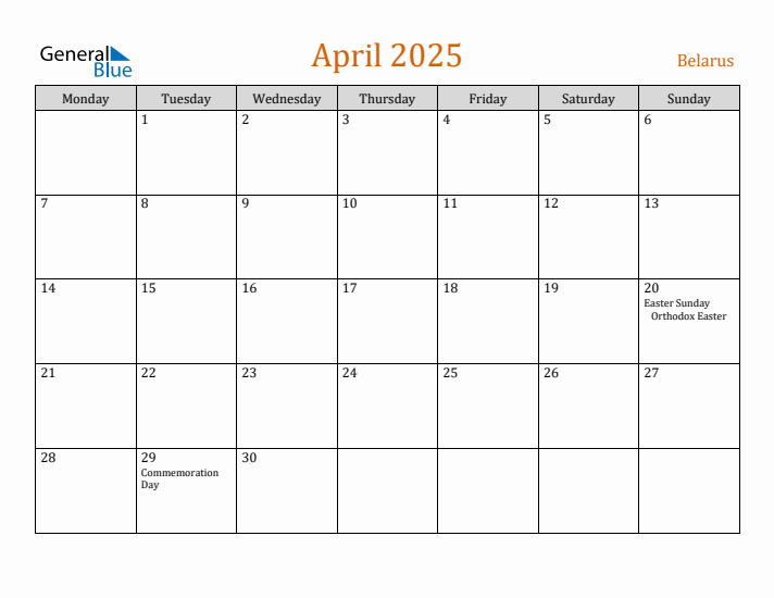 April 2025 Holiday Calendar with Monday Start