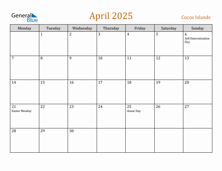 April 2025 Holiday Calendar with Monday Start