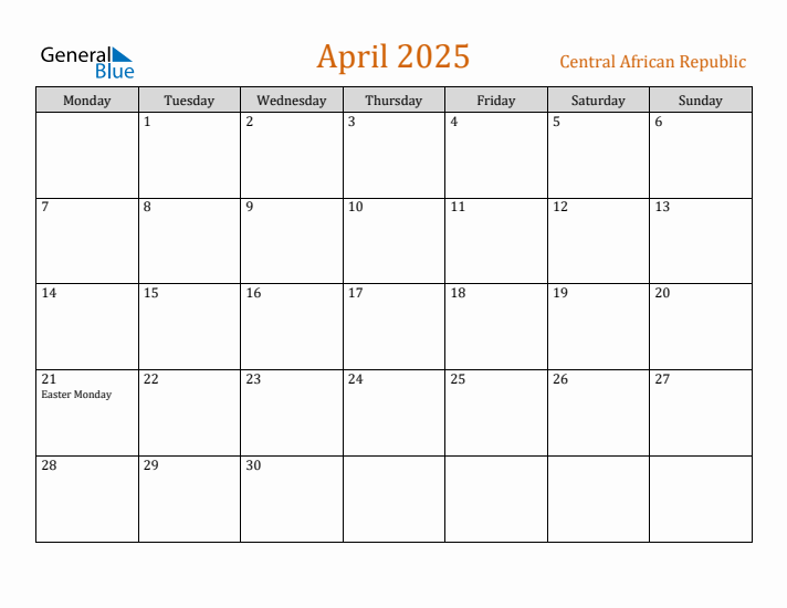 April 2025 Holiday Calendar with Monday Start