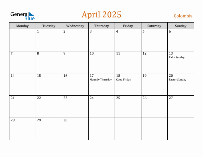 April 2025 Holiday Calendar with Monday Start