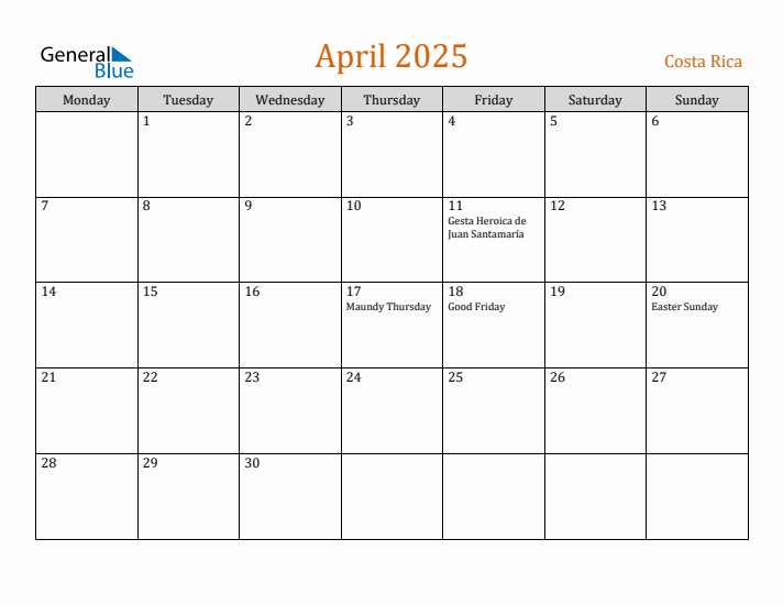 April 2025 Holiday Calendar with Monday Start