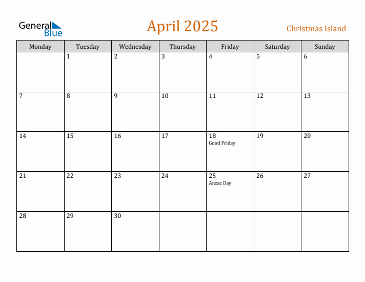 April 2025 Holiday Calendar with Monday Start