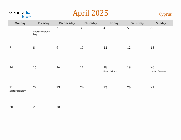 April 2025 Holiday Calendar with Monday Start