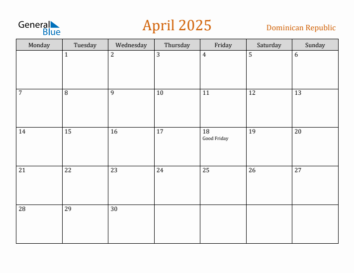 April 2025 Holiday Calendar with Monday Start