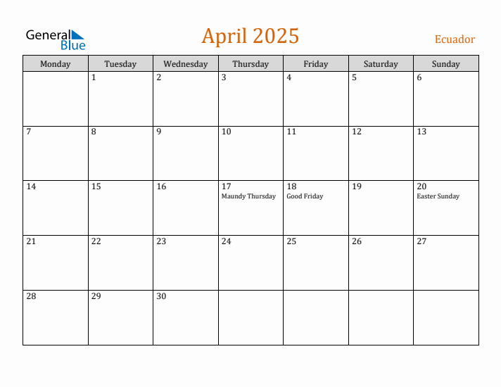 April 2025 Holiday Calendar with Monday Start