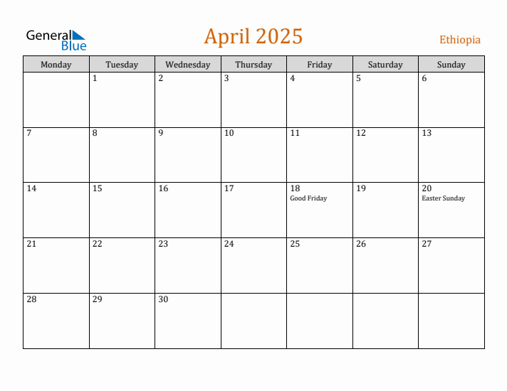 April 2025 Holiday Calendar with Monday Start