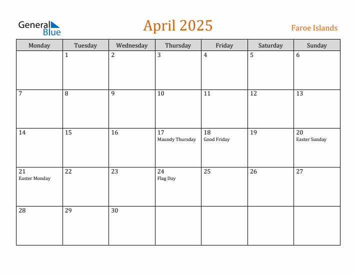 April 2025 Holiday Calendar with Monday Start