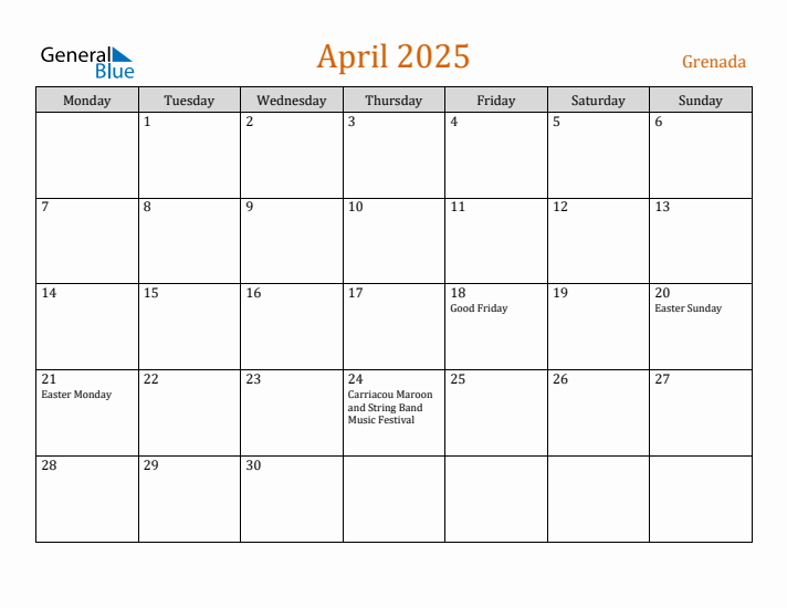 April 2025 Holiday Calendar with Monday Start