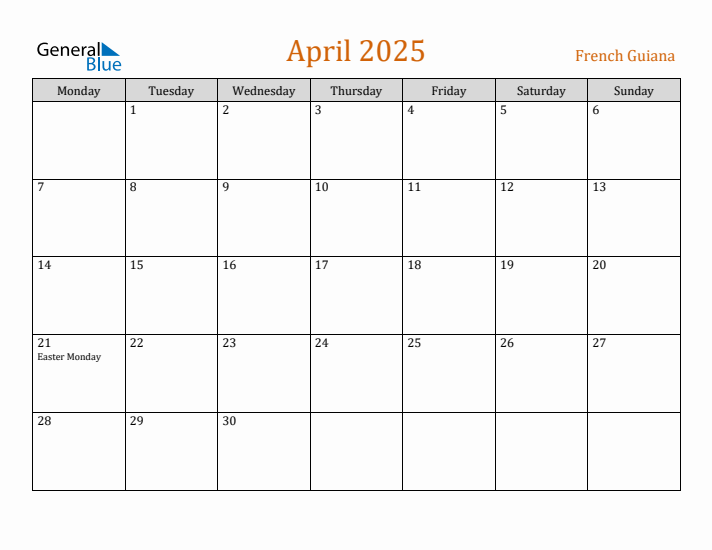 April 2025 Holiday Calendar with Monday Start