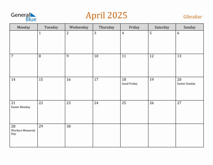 April 2025 Holiday Calendar with Monday Start