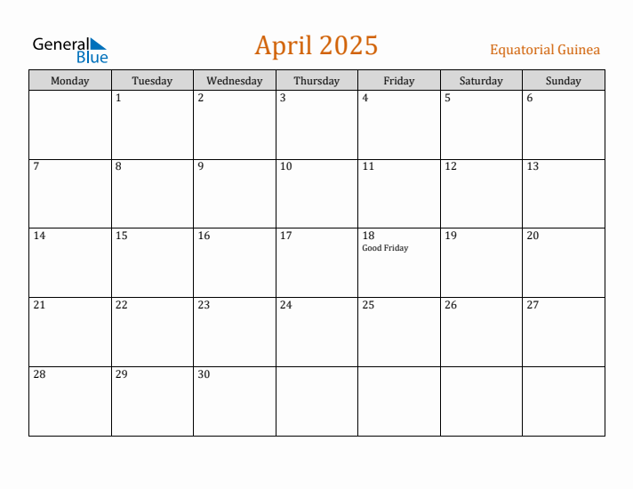 April 2025 Holiday Calendar with Monday Start