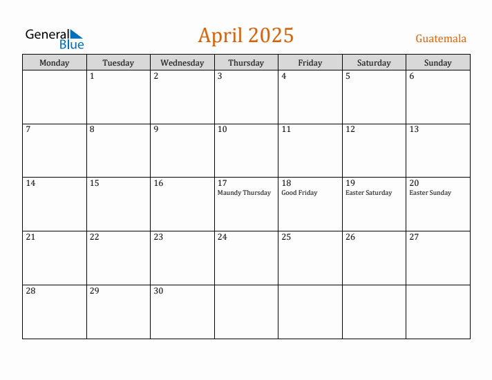 April 2025 Holiday Calendar with Monday Start