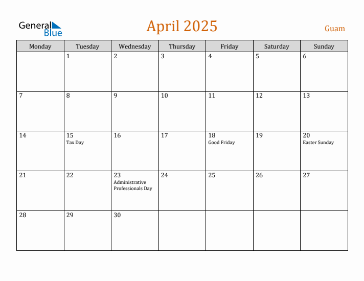 April 2025 Holiday Calendar with Monday Start