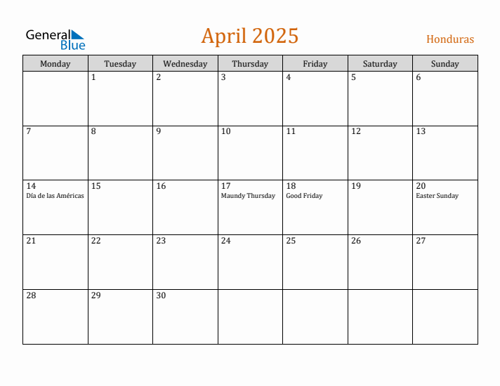 April 2025 Holiday Calendar with Monday Start