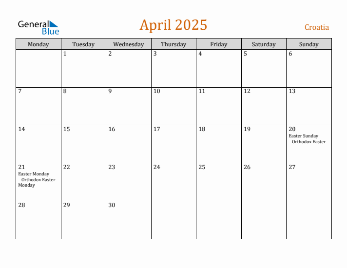 April 2025 Holiday Calendar with Monday Start