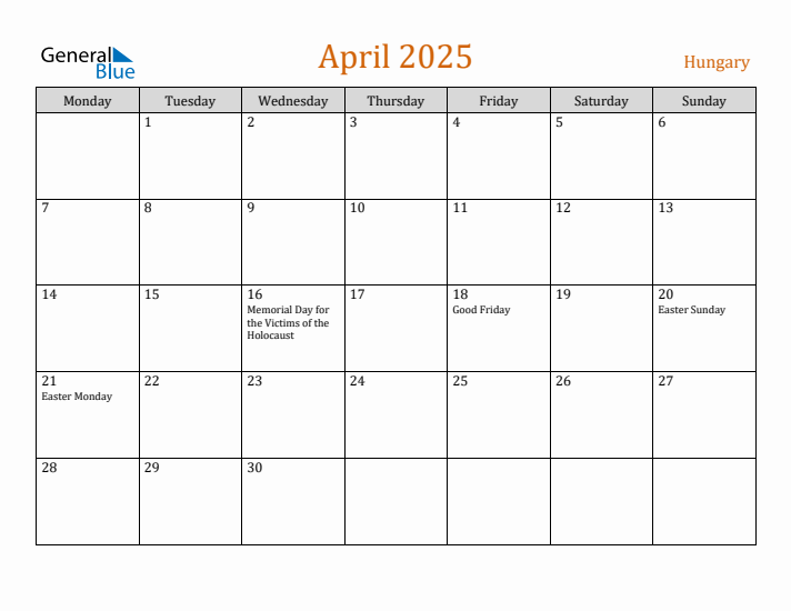 April 2025 Holiday Calendar with Monday Start