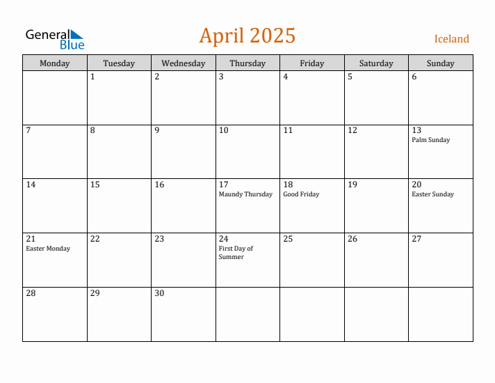 April 2025 Holiday Calendar with Monday Start