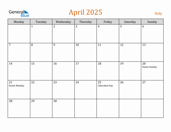 April 2025 Holiday Calendar with Monday Start