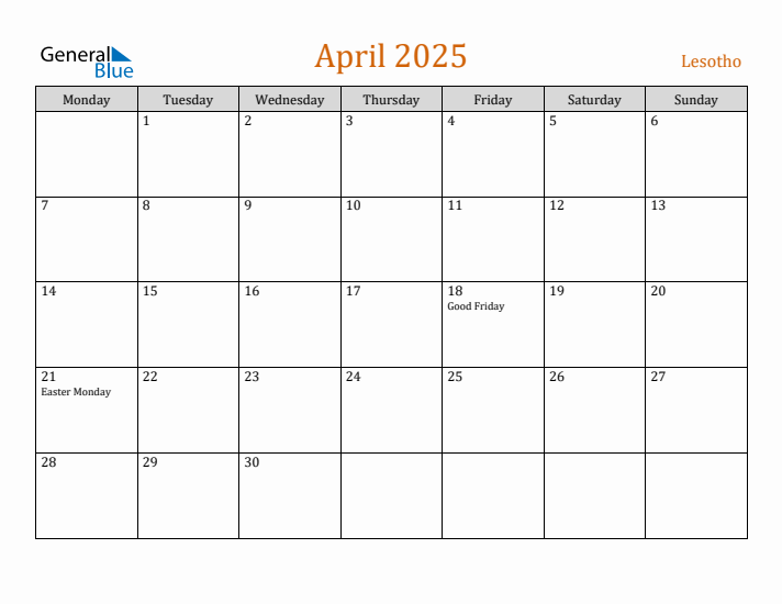 April 2025 Holiday Calendar with Monday Start