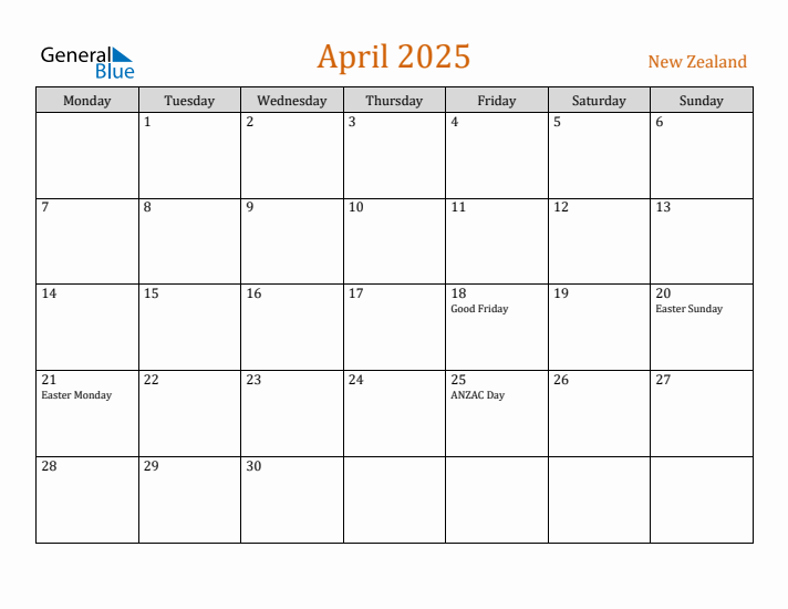 April 2025 Holiday Calendar with Monday Start