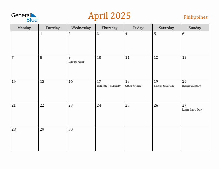 April 2025 Holiday Calendar with Monday Start