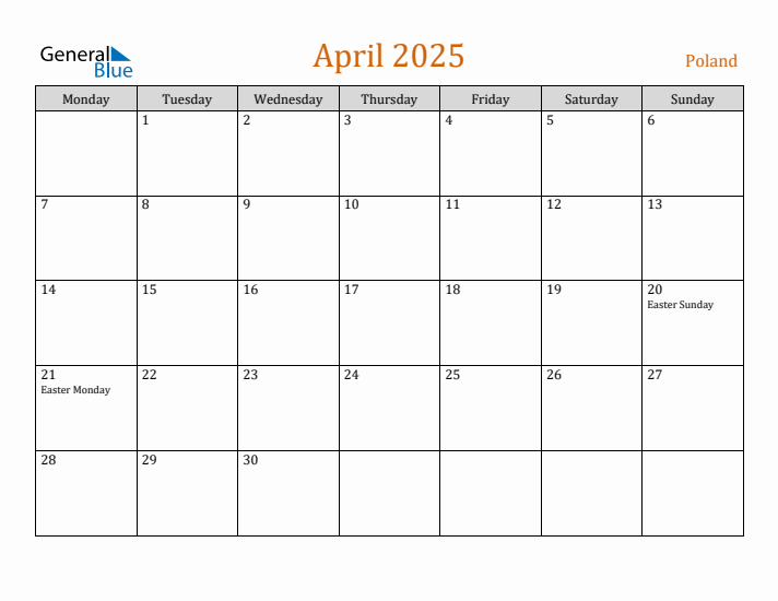 April 2025 Holiday Calendar with Monday Start