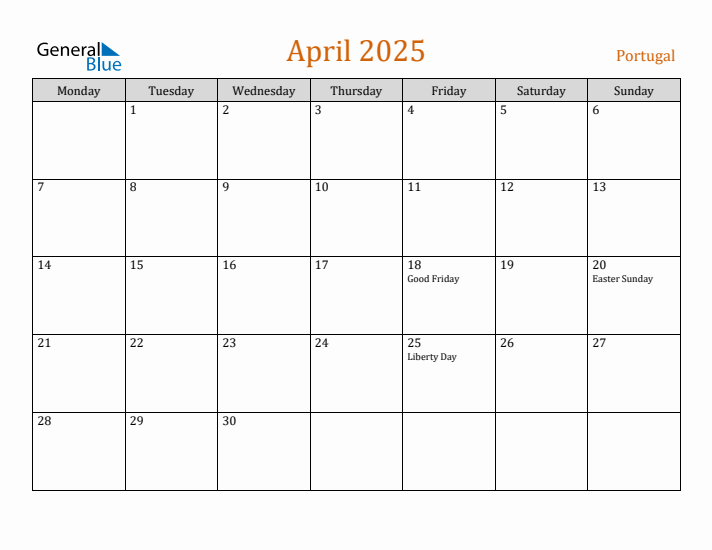 April 2025 Holiday Calendar with Monday Start