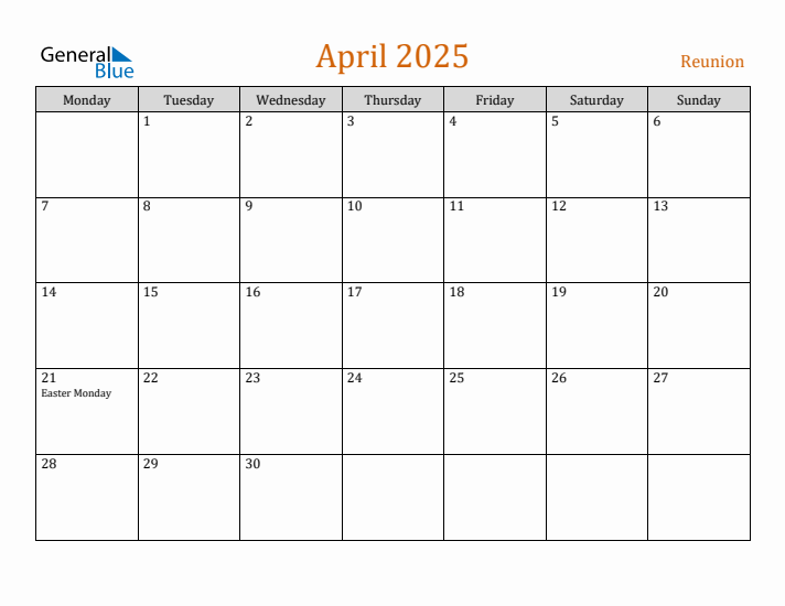 April 2025 Holiday Calendar with Monday Start