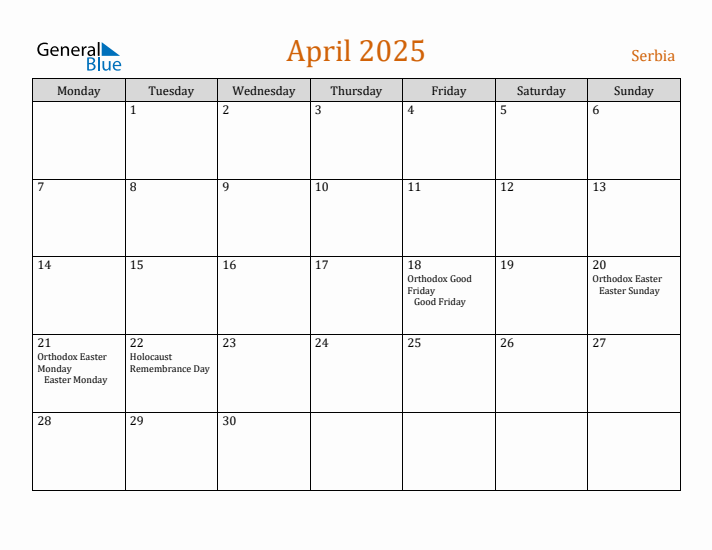 April 2025 Holiday Calendar with Monday Start